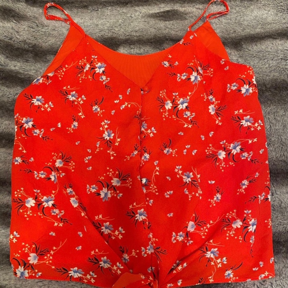 Red Floral Summer Front Tie Button Down Tank
